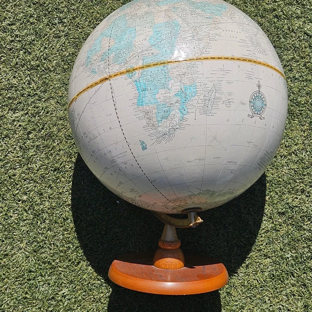 Crams Imperial World Globe Vintage Cream Map Wood Base Brass Meridian USA - Picture 5 of 8